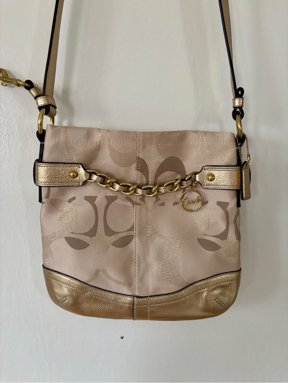 Coach Pale Pink and Gold Signature Chain Crossbody